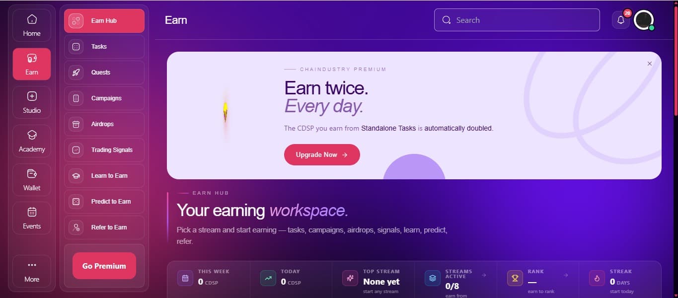 Earn Hub: Tasks Overview