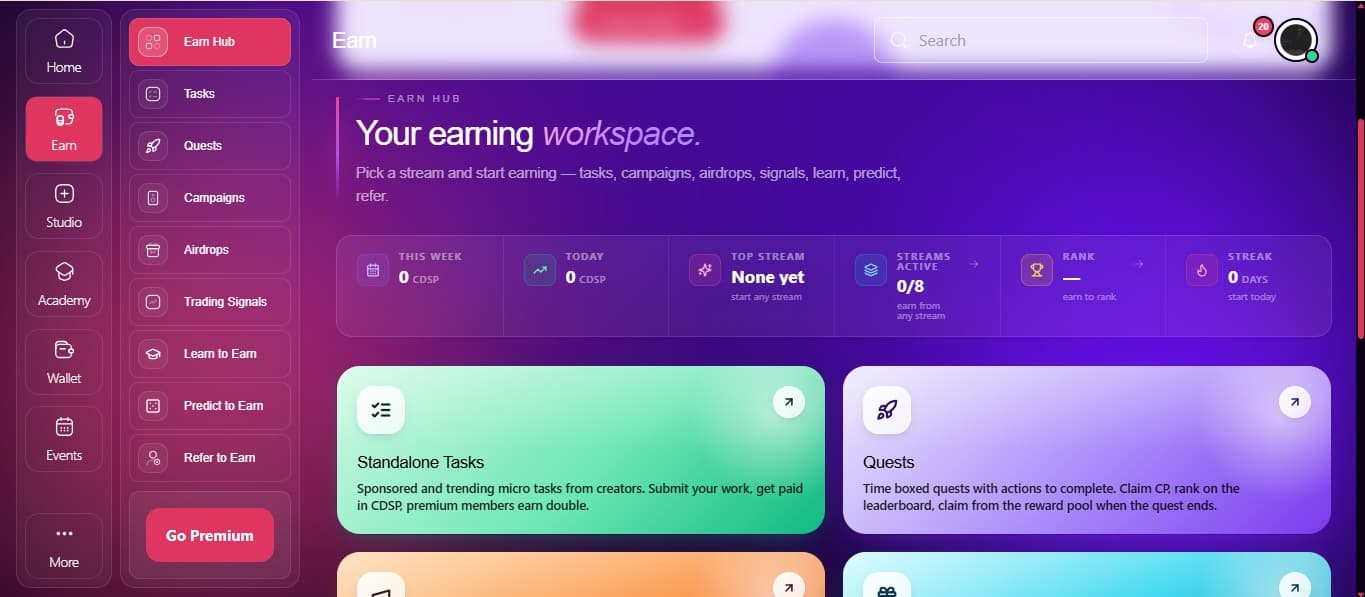 Earn Hub: Campaigns View